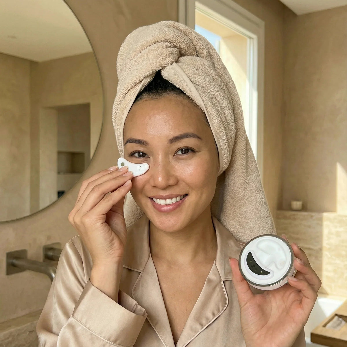 Woman in a towel placing a Nicebeam Red Light Therapy Eye Pod under her eye