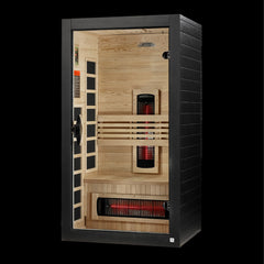 Dynamic Santorini 1 person Low EMF infrared sauna photographed from a three-quarter angle