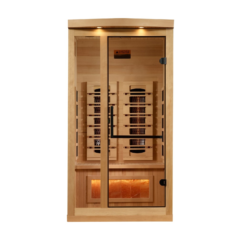 Golden Designs GDI-8010-03 1 person full spectrum infrared sauna photographed from a three-quarter angle