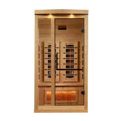Golden Designs GDI-8010-03 1 person full spectrum infrared sauna photographed from a three-quarter angle