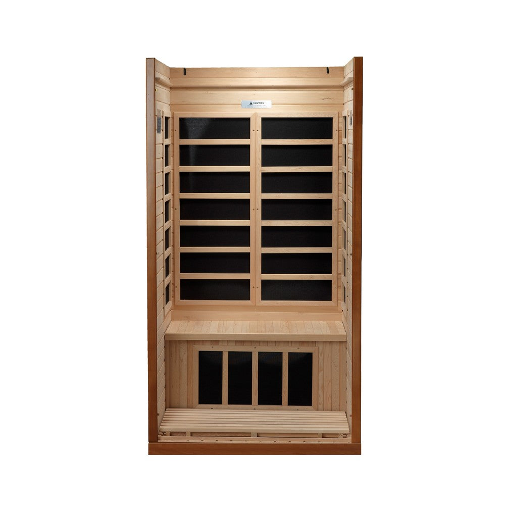 Dynamic Barcelona 1 person Low EMF infrared sauna photographed from a three-quarter angle