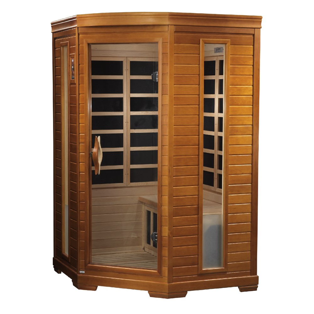 Dynamic Heming 2 person corner Low EMF infrared sauna photographed from a three-quarter angle