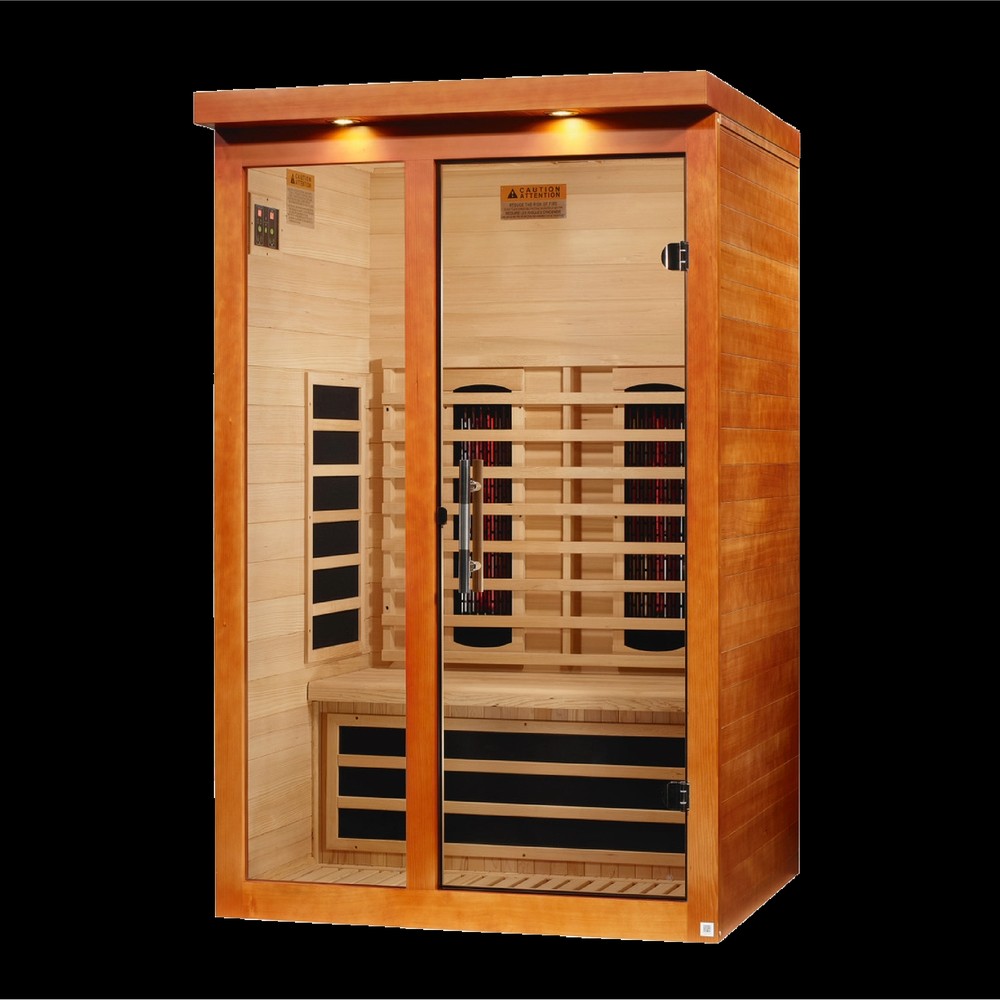 Dynamic Llumeneres 2 person Low EMF infrared sauna photographed from a three-quarter angle