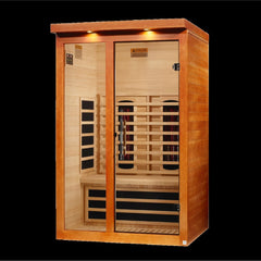 Dynamic Llumeneres 2 person Low EMF infrared sauna photographed from a three-quarter angle