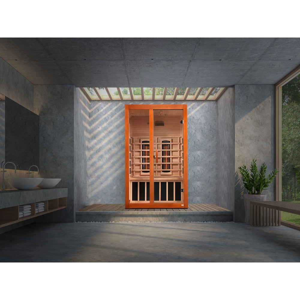 Dynamic Santiago 2 person Low EMF infrared sauna photographed from a three-quarter angle