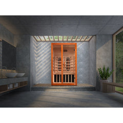 Dynamic Santiago 2 person Low EMF infrared sauna photographed from a three-quarter angle