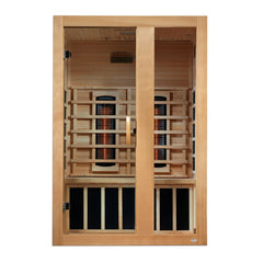 Dynamic Serena 2 person Low EMF infrared sauna photographed from a three-quarter angle