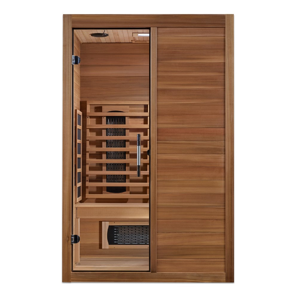 Maxxus S-Line Yoga 2 person full spectrum infrared sauna photographed from a three-quarter angle