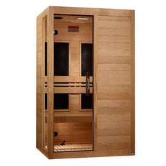 Dynamic Lucca 2 person Low EMF infrared sauna photographed from a three-quarter angle