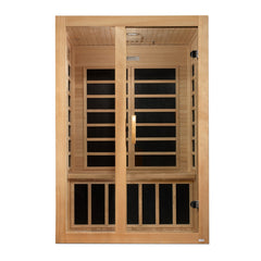Dynamic Santiago 2 person Low EMF infrared sauna photographed from a three-quarter angle