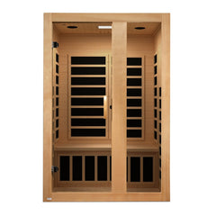 Dynamic Serena 2 person Low EMF infrared sauna photographed from a three-quarter angle