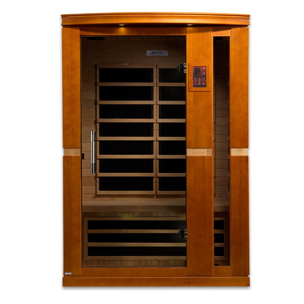 Dynamic Vittoria 2 person Low EMF infrared sauna photographed from a three-quarter angle