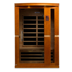 Dynamic Vittoria 2 person Low EMF infrared sauna photographed from a three-quarter angle
