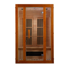 Maxxus Aspen 2 person Low EMF infrared sauna photographed from a three-quarter angle