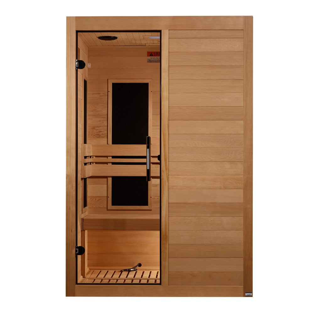 Maxxus S-Line Yoga 2 person Low EMF infrared sauna photographed from a three-quarter angle