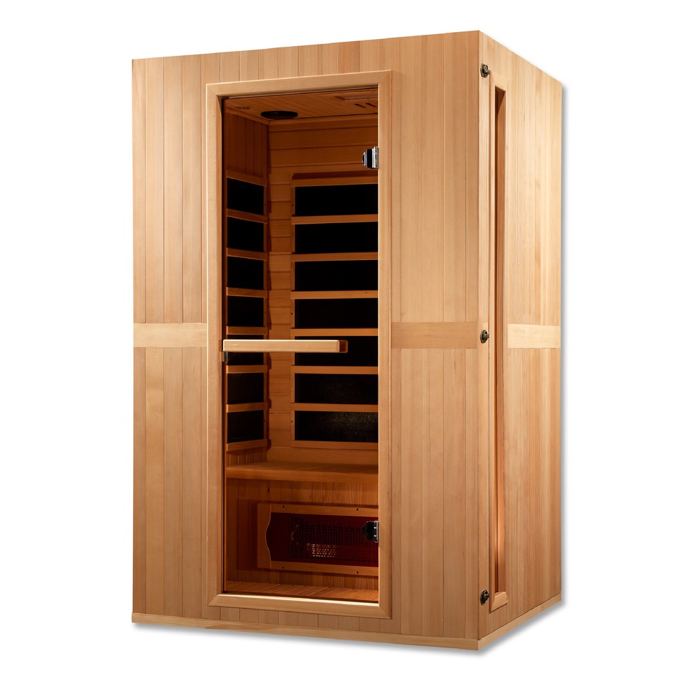 Maxxus Serenity 2 person Low EMF infrared sauna photographed from a three-quarter angle