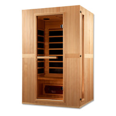 Maxxus Serenity 2 person Low EMF infrared sauna photographed from a three-quarter angle