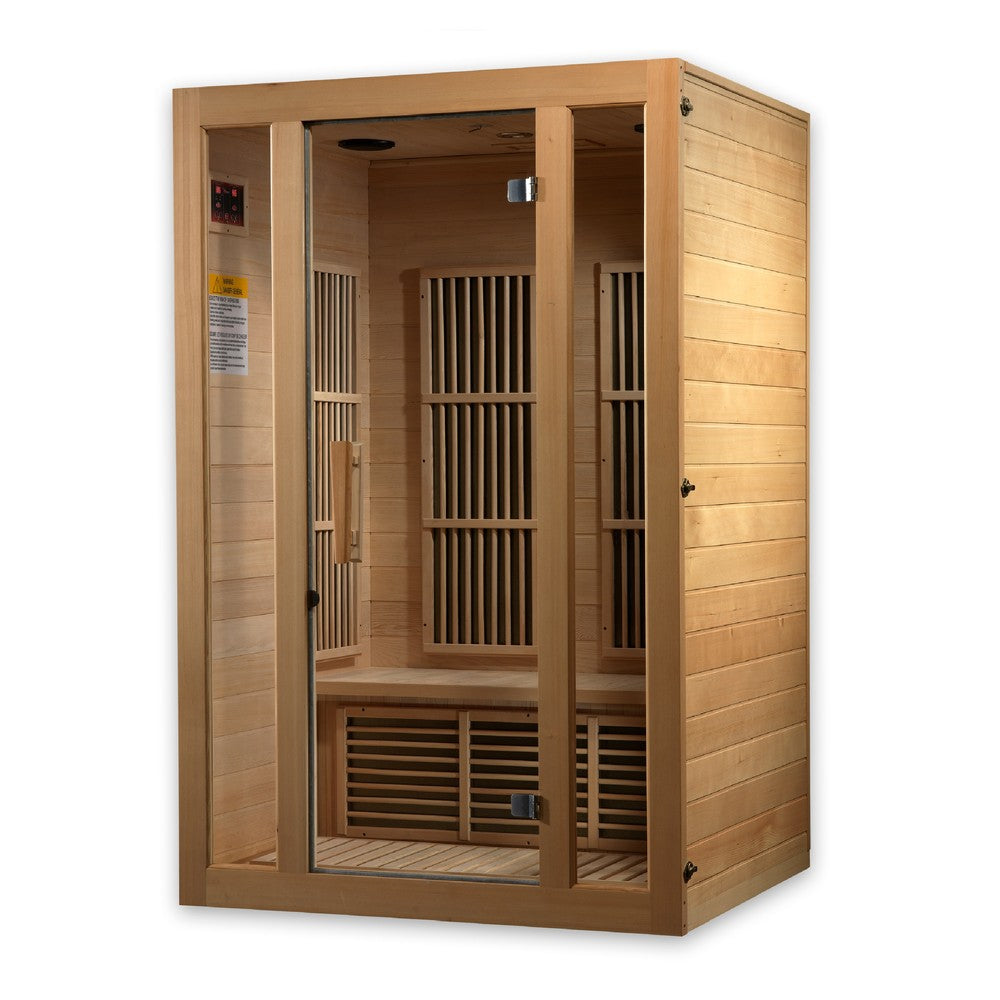 Maxxus Seattle 2 person Near Zero EMF infrared sauna photographed from a three-quarter angle