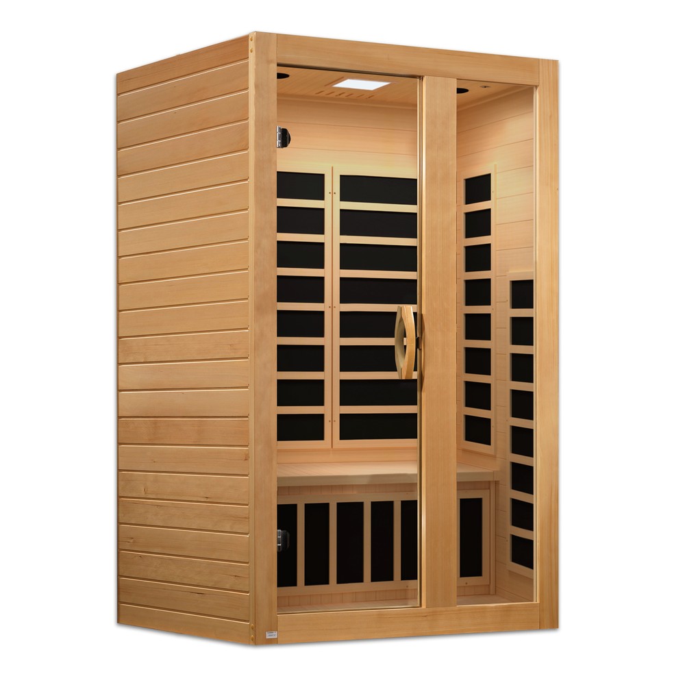 Dynamic Serena Elite 2 person Ultra Low EMF infrared sauna photographed from a three-quarter angle