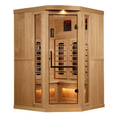 Golden Designs GDI-8035-03 3 person corner full spectrum infrared sauna photographed from a three-quarter angle