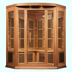Maxxus MX-K356-01 CED 3 person corner red cedar Low EMF infrared sauna photographed from a three-quarter angle