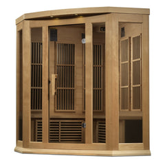 Maxxus MX-K356-01-ZF 3 person corner Near Zero EMF infrared sauna photographed from a three-quarter angle