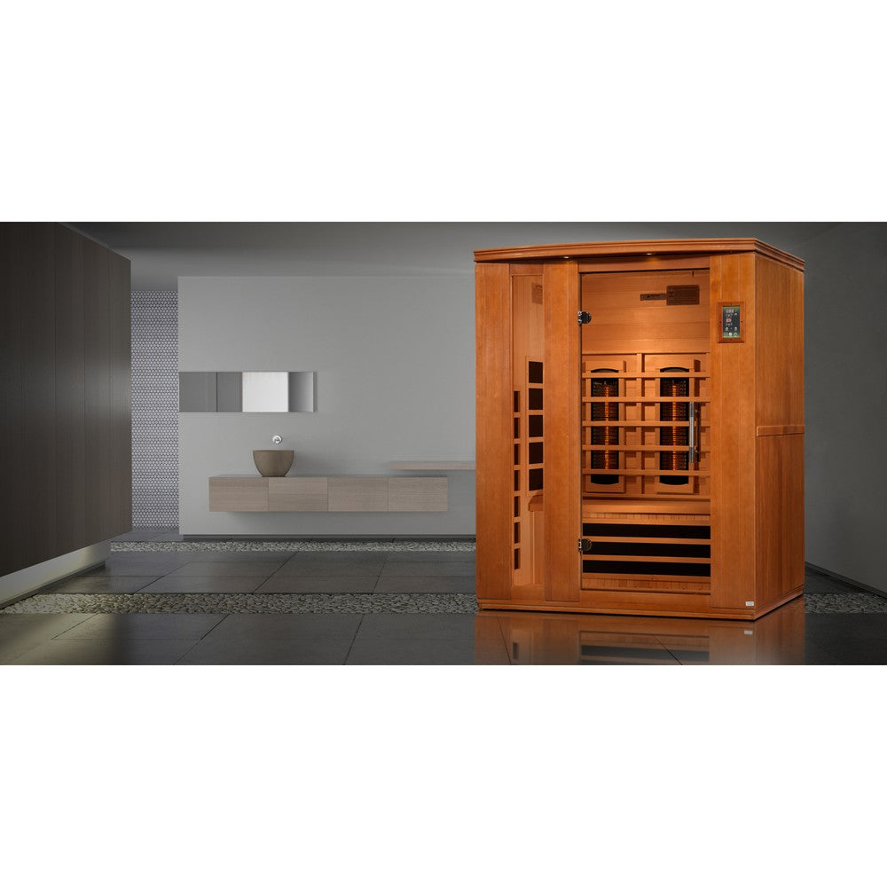 Dynamic Lugano 3 person Low EMF infrared sauna photographed from a three-quarter angle