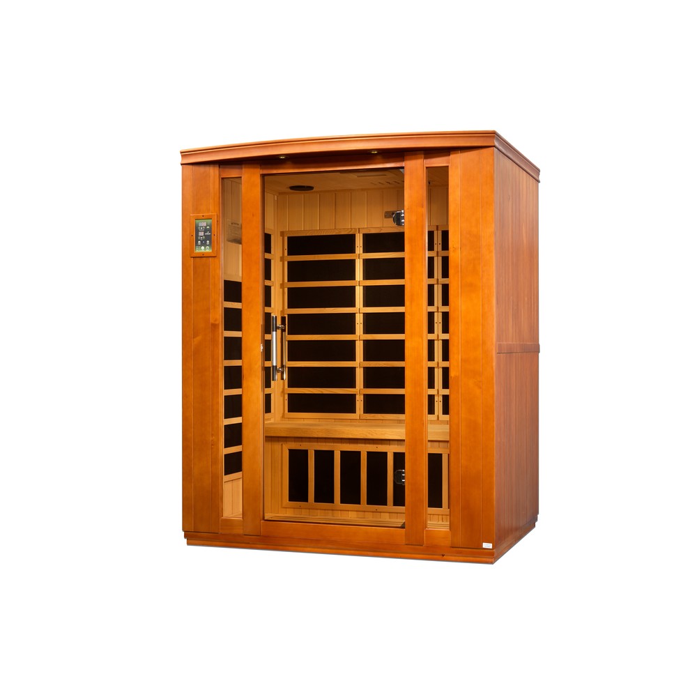 Dynamic Bellagio 3 person Low EMF infrared sauna photographed from a three-quarter angle