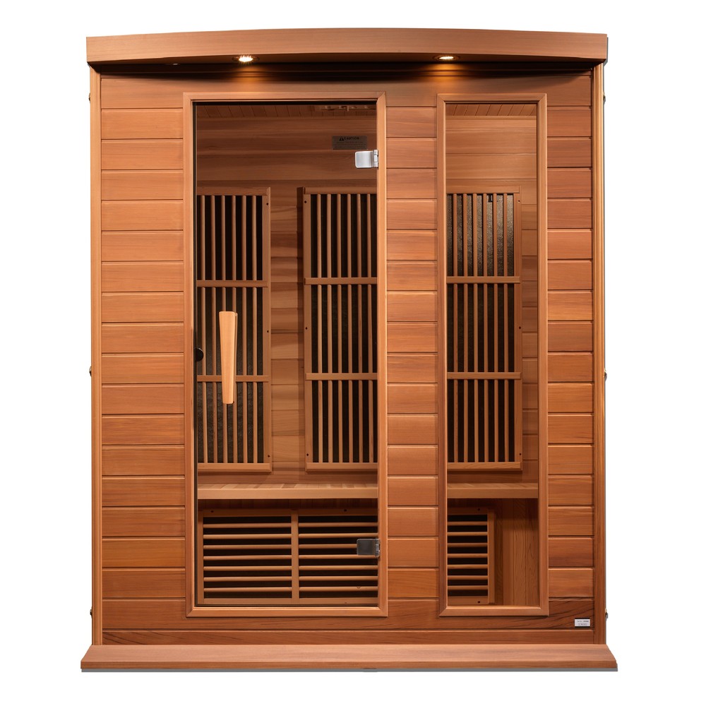 Maxxus MX-K306-01-ZF CED 3 person red cedar Near Zero EMF infrared sauna photographed from a three-quarter angle