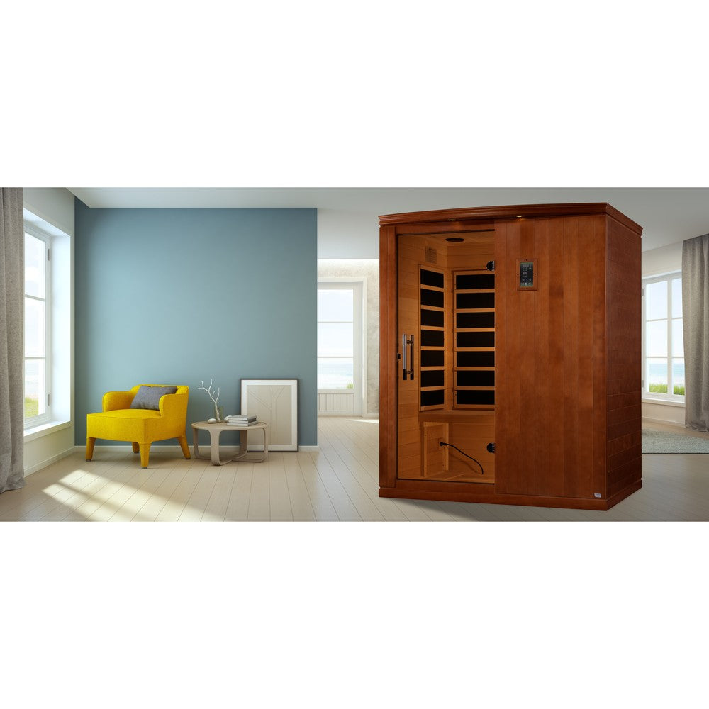 Dynamic Madrid Elite 3 person Ultra Low EMF infrared sauna photographed from a three-quarter angle