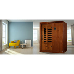 Dynamic Madrid Elite 3 person Ultra Low EMF infrared sauna photographed from a three-quarter angle
