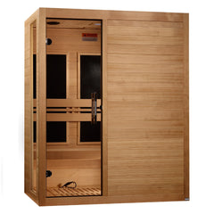 Dynamic Toscana Elite 3 person Ultra Low EMF infrared sauna photographed from a three-quarter angle