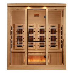 Golden Designs GDI-8040-03 4 person full spectrum infrared sauna photographed from a three-quarter angle