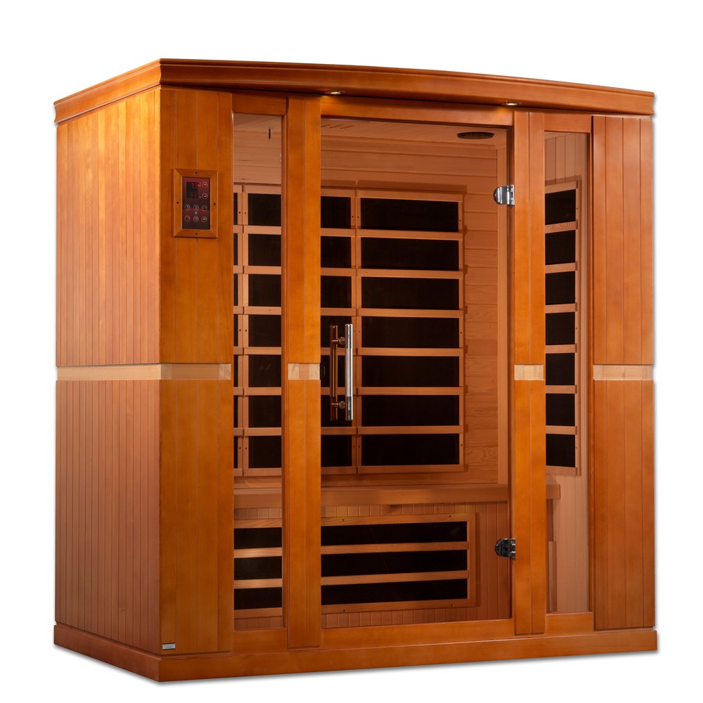 Dynamic Bergamo Elite 4 person Ultra Low EMF infrared sauna photographed from a three-quarter angle