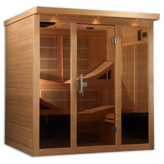 Golden Designs Monaco Elite 6 person Near Zero EMF infrared sauna photographed from a three-quarter angle