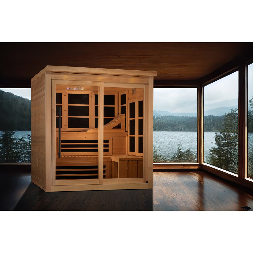 Golden Designs Monaco Limited Edition 6 person Near Zero EMF infrared sauna photographed from a three-quarter angle