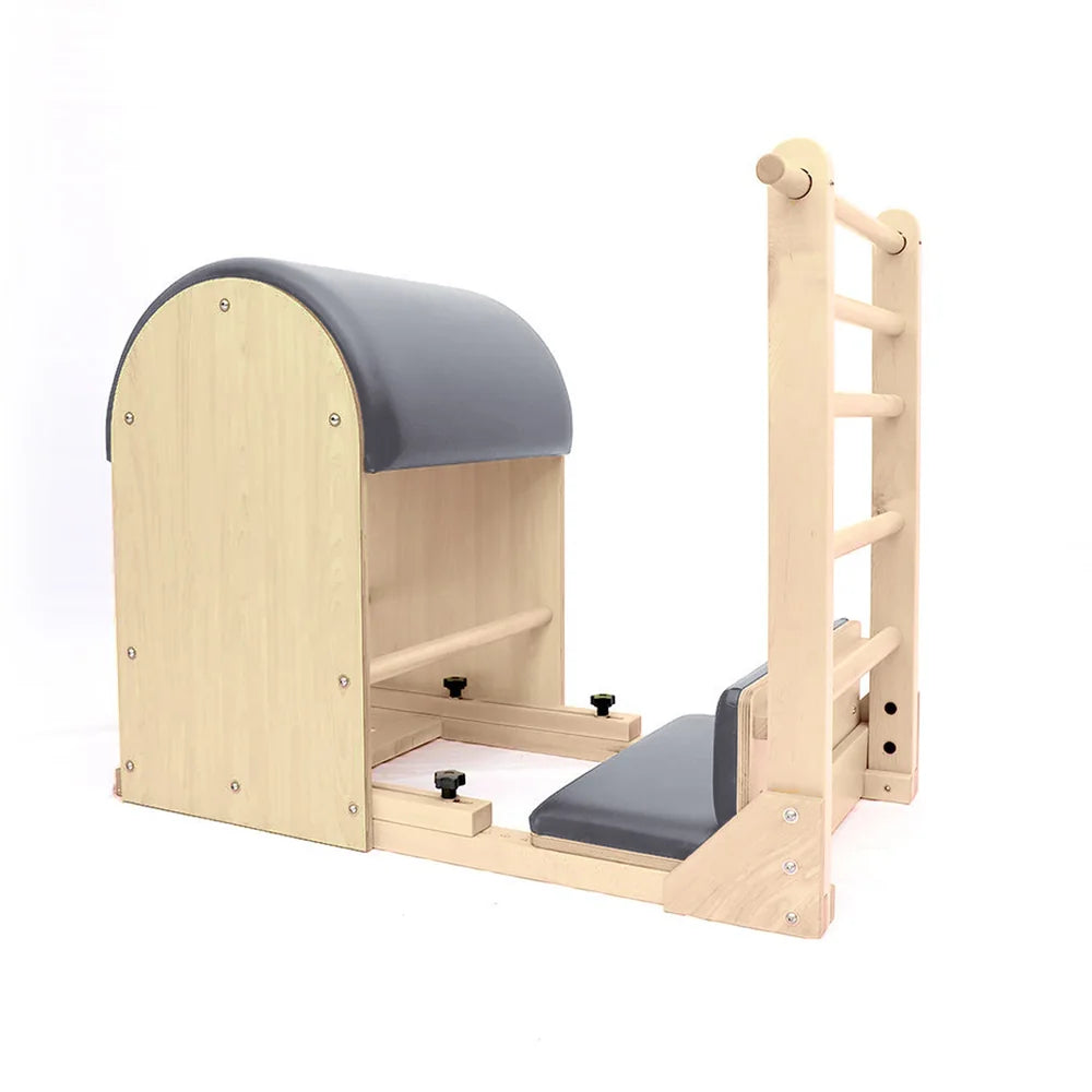 Elite Elina Pilates wooden base Ladder Barrel in gray, angled view