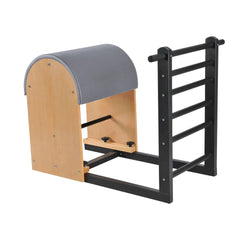 Elina Pilates Ladder Barrel with steel base and gray upholstery, angled view