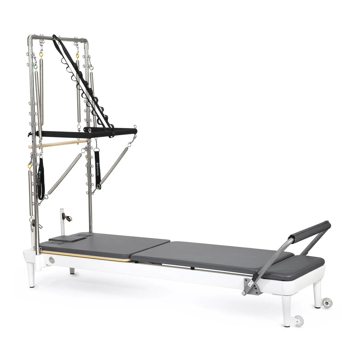Elina Pilates Nubium aluminum reformer with tower in grey, angled view