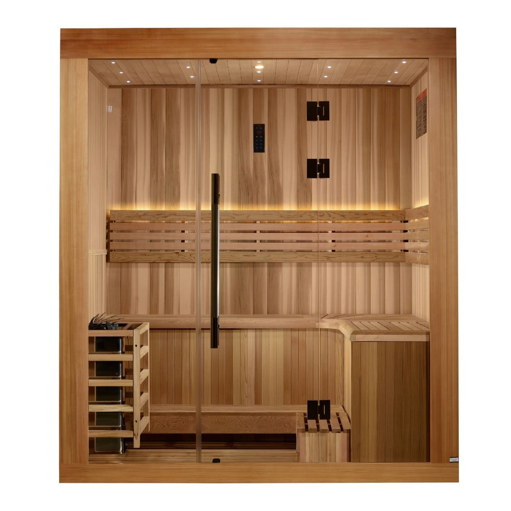 Golden Designs Copenhagen 3 Person Traditional Sauna front view with clear glass door