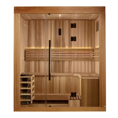 Golden Designs Copenhagen 3 Person Traditional Sauna front view with clear glass door