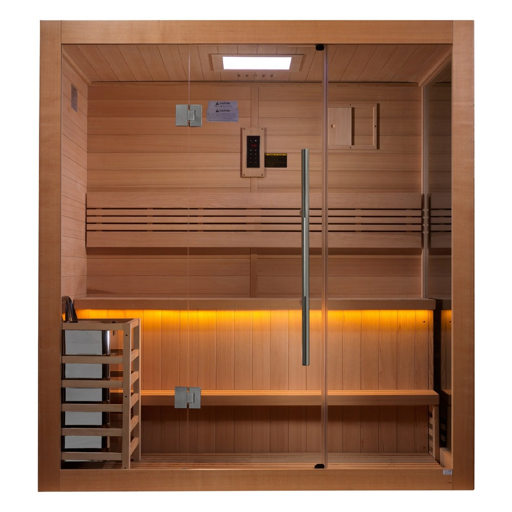 Golden Designs Forssa 3 Person Traditional Sauna front view with clear glass door