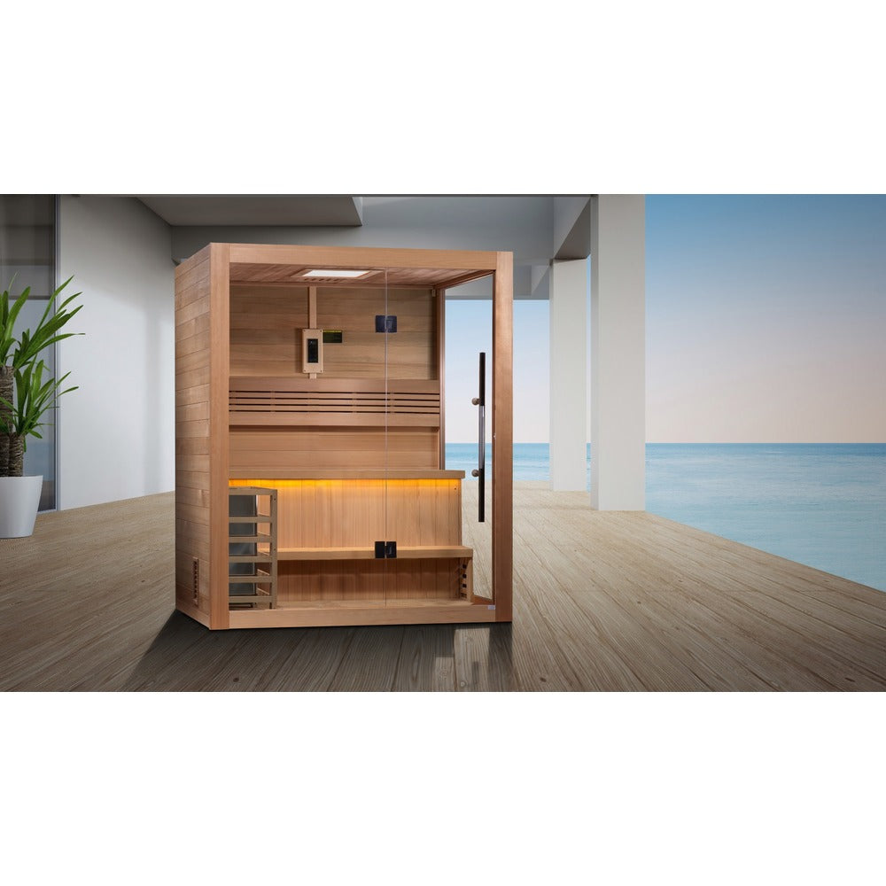 Golden Designs Hanko 2 Person Traditional Sauna in indoor wellness room setting