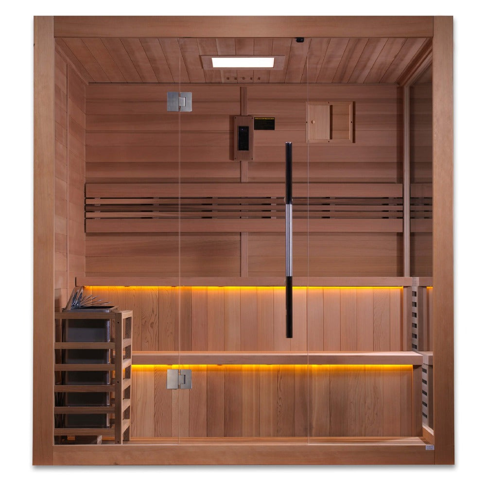 Golden Designs Kuusamo 6 Person Traditional Sauna front view with clear glass door