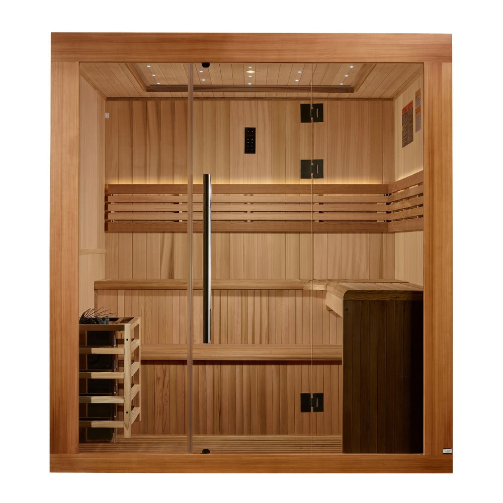 Golden Designs Osla 6 Person Traditional Sauna front view with clear glass door