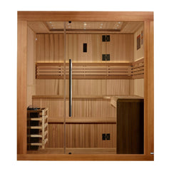 Golden Designs Osla 6 Person Traditional Sauna front view with clear glass door