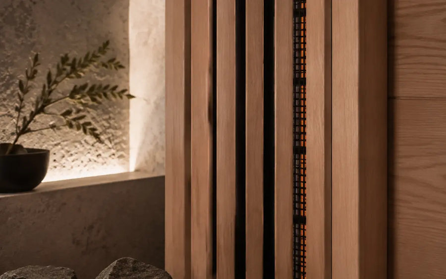 Infrared heating panel and traditional sauna stones in a hybrid sauna