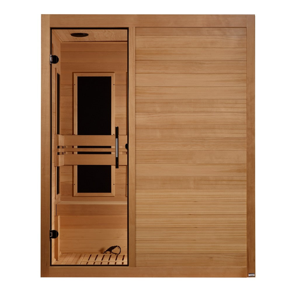 Maxxus S-Line Yoga 3 person Ultra Low EMF infrared sauna photographed from a three-quarter angle
