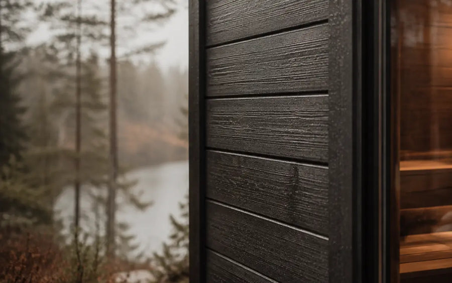 Private hybrid sauna corner with bench, robe and sauna accessories