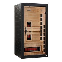 Dynamic Santorini 1 person Low EMF infrared sauna photographed in a room